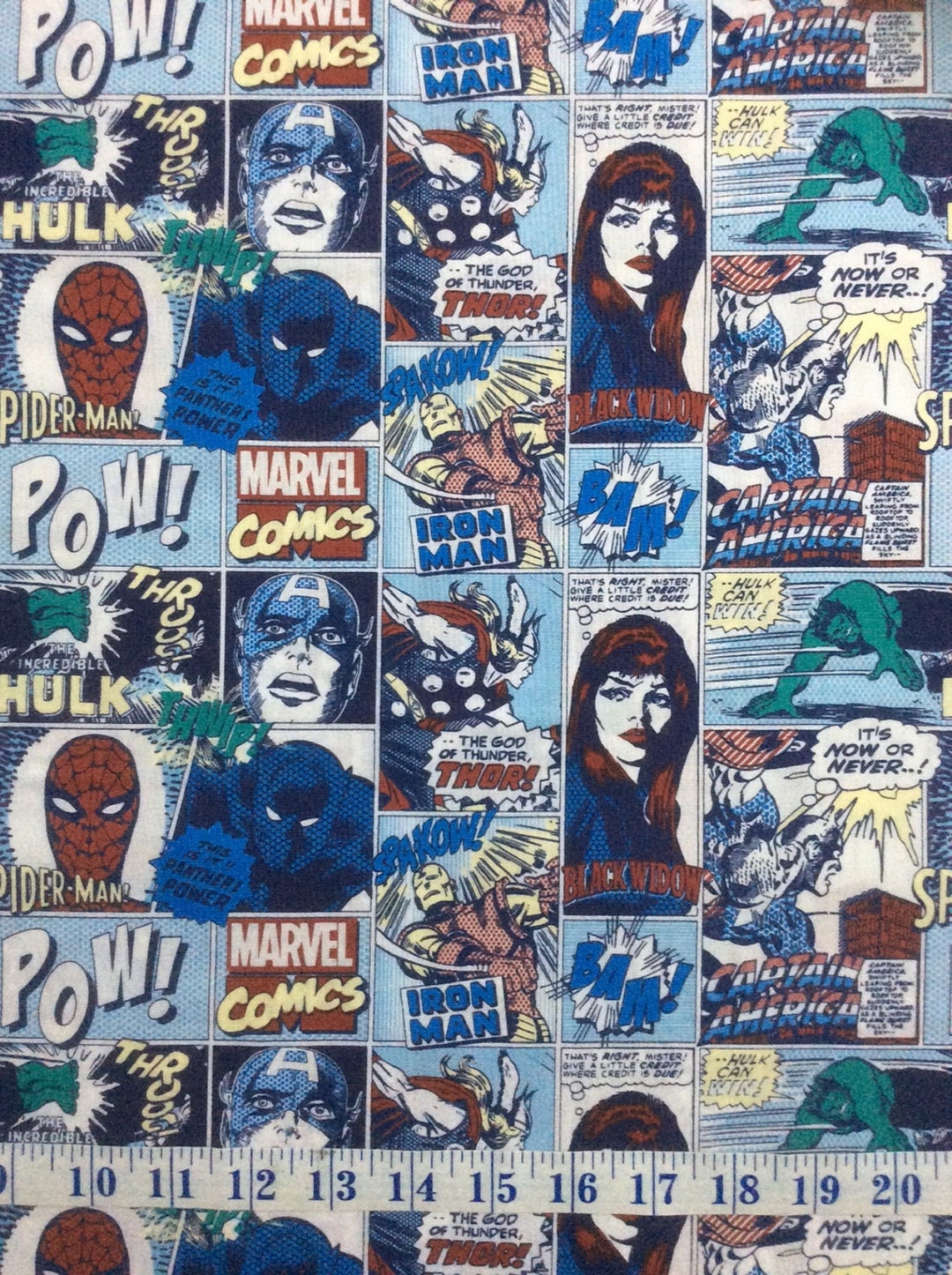 Superheroes Marvel Comic Pop Power Blue Cotton Quilting Fabric 1/2 YARD ...