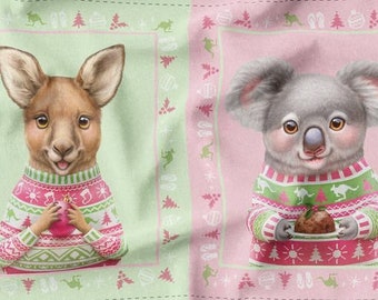 May include: A green and pink Christmas-themed fabric with a kangaroo and a koala wearing festive sweaters. The kangaroo is holding a red ornament and the koala is holding a Christmas pudding.