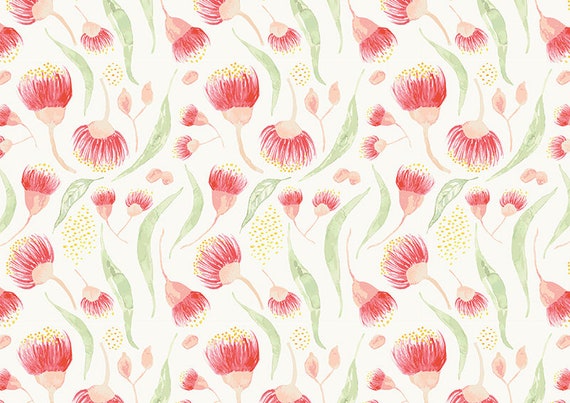 Australian Gum Tree Leaf and Blossom White Background Cotton Quilting Fabric 1/2 YARD