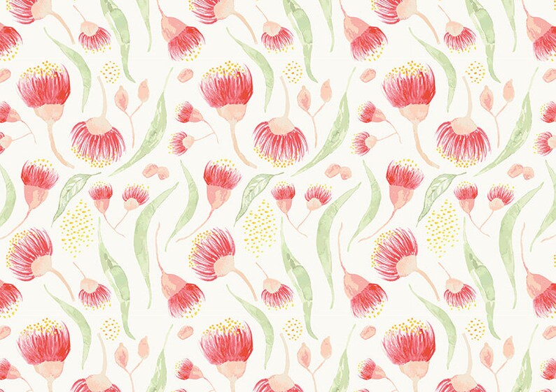 May include: A seamless pattern featuring watercolor illustrations of pink and red eucalyptus flowers and green leaves on a white background.