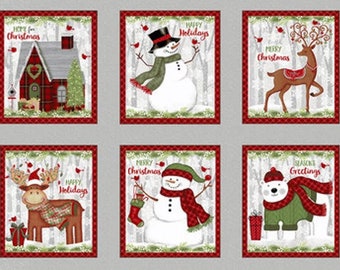 Snow Merry Christmas Snowman Reindeer 5697S-98 Cotton Quilting Fabric Block Panel