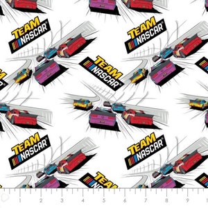 Nascar Team Nascar Cars Tracks White Cotton Quilting Fabric 1/2 YARD