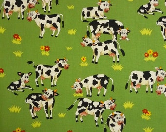 Fabric Cows Cartoon Tossed on White Cotton by the 1/4 yard BIN 
