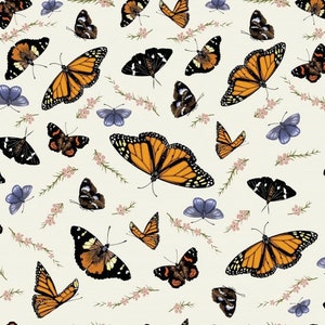 Botanical Garden Butterflies Roses Cream Background Cotton Quilting Fabric 1/2 YARD