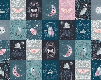 Nightfall Owls Moon Moths D1941 Cotton Quilting Fabric Block Panel