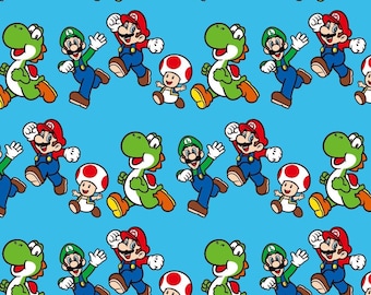 May include: A repeating pattern of cartoon characters on a bright blue background. The characters include Mario, Luigi, Yoshi, and a mushroom. Mario wears a red hat and overalls, Luigi wears a green hat and overalls, and Yoshi is green.