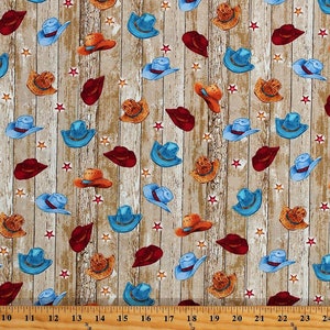 Sunset Rodeo Cowboy Hats Woodgrain Background 9148 44 Cotton Quilting Fabric 1/2 YARD