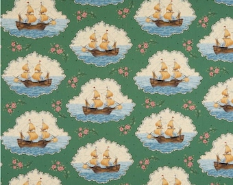 Journey to America Mayflower Ship Green Cotton Quilting Fabric 1/2 YARD