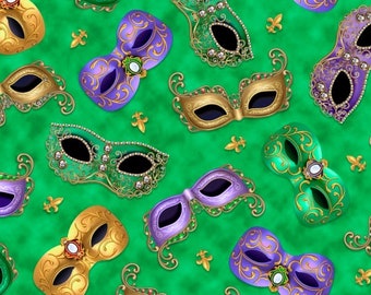 Mardi Gras Masks Tossed Green 28443-G Cotton Quilting Fabric  1/2 YARD