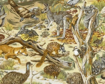 May include: A colorful fabric featuring a variety of Australian animals, including a kangaroo, echidna, wombat, kookaburra, and emu. The fabric is printed on a beige background.