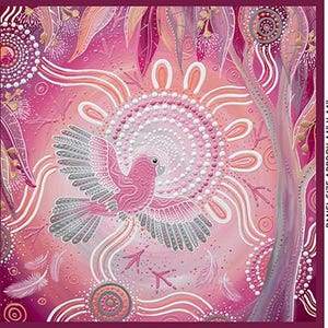May include: A vibrant artwork featuring a pink and grey bird in flight, set against a backdrop of stylized leaves and a sunburst. The design uses textured layers with white and pink dots and lines. Panel size approx. 112 cm x 112 cm.