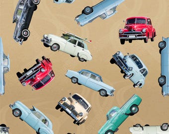 May include: A seamless pattern featuring vintage cars in various colors, including blue, red, white, and green. The cars are set against a beige background, creating a retro and nostalgic feel.