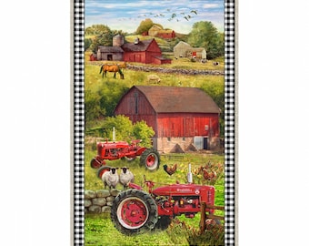Panel de tela acolchada de algodón con diseño de tractor de granja Farmall Sweet