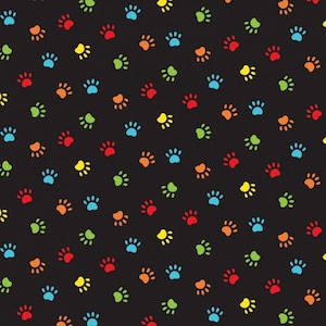 Paw Prints Dogs Cats Multi Small Black Background Cotton Quilting Fabric 1/2 YARD