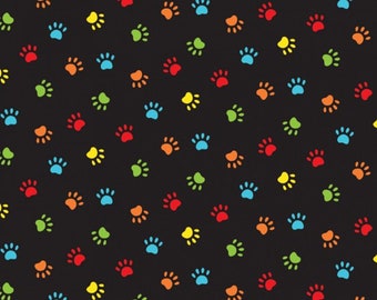 Tessuto per trapuntatura in cotone con impronte di zampe di cani e gatti, multicolore, piccolo, sfondo nero, 1/2 YARD