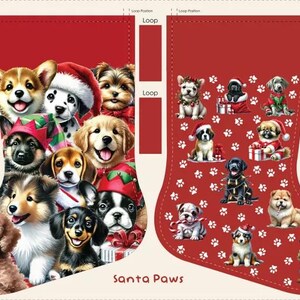 Könnte beinhalten: Roter Weihnachtsstrumpf mit einer Collage verschiedener Hunderassen, einige tragen Weihnachtsmützen und festliche Kleidung. Die Worte "Santa Paws" sind unten aufgedruckt. Der Strumpf ist mit Pfotenabdrücken verziert.