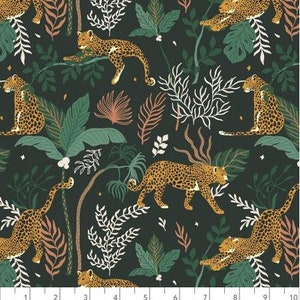 May include: A dark green fabric with a repeating pattern of leopards and tropical foliage. The leopards are in shades of brown and gold, and the foliage is in shades of green, white and pink.