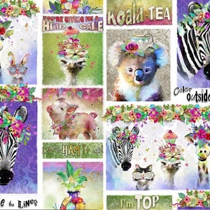 May include: A colourful collage featuring various animals, including a zebra, koala, giraffe, and pig. The animals are wearing whimsical hats and accessories, with text that reads "I'm Top Koala-Tea" and "You're Giving Me a Hip Cake".