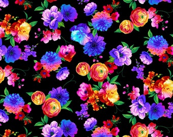 Butterfly Magic Bright Florals Fleurs Noir C8532-blk Coton Tissu matelassé 1/2 Yard