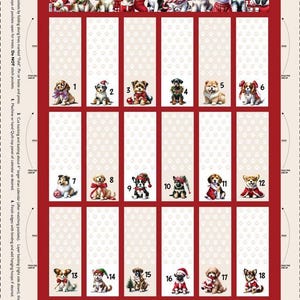 Könnte beinhalten: Ein Stoffpaneel im Hunde-Thema, gestaltet als Adventskalender. Oben sind zahlreiche Welpen in festlicher Kleidung abgebildet. Darunter zeigen 24 nummerierte Quadrate jeweils einen anderen Welpen. Anweisungen sind seitlich abgedruckt.