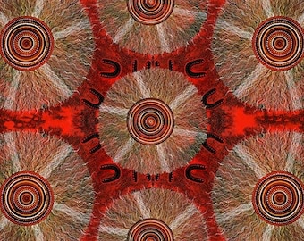 Könnte beinhalten: Abstrakter Kunstdruck mit einem sich wiederholenden Muster aus kreisförmigen Designs in Rot-, Braun- und Weißtönen. Das Kunstwerk zeigt konzentrische Kreise und radiale Linien, die einen strukturierten, geschichteten Effekt erzeugen. Der Hintergrund ist ein leuchtendes Rot.