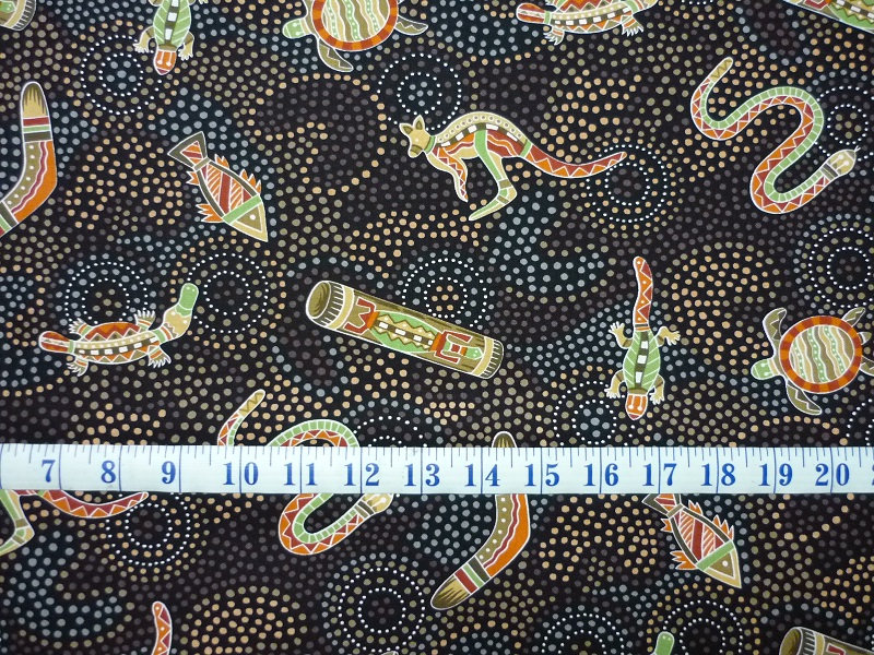 Aboriginal Australian Art Inspired Gooloo Black Background Cotton Quilting Fabric 1/2 YARD
