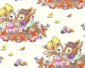 Bunny Tails Easter Bunnies Cream 9765-44 Cotton Quilting Fabric 1/2 YARD