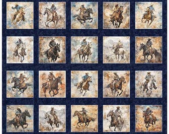 Parche con imagen de vaquero salvaje a caballo, color azul marino, 30624-N, panel de tela de algodón para patchwork