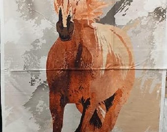 May include: A brown horse with a white mane and tail runs through a watercolor-style background. The horse is in focus, while the background is blurred.