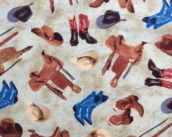 Cowboys Western Saddles Boots Mountain Pass Sand Cotton Quilting Fabric 1/2 YARD