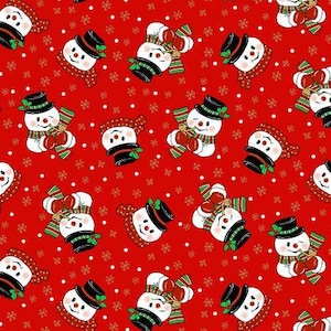 May include: A red background with a repeating pattern of snowmen wearing black hats and scarves. The snowmen are holding red ornaments and are surrounded by white snowflakes.