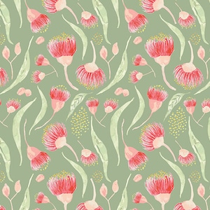 Australian Gum Tree Leaf and Blossom Green Background Cotton Quilting Fabric 1/2 YARD