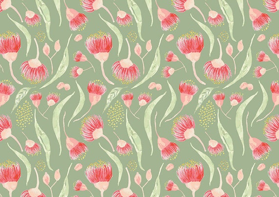 Australian Gum Tree Leaf and Blossom Green Background Cotton Quilting Fabric 1/2 YARD