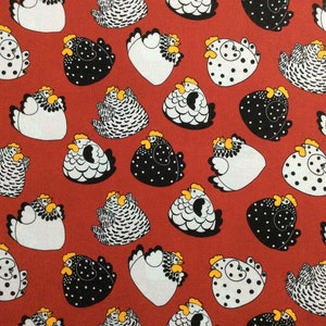 Brite Happy Hens Red Background Cotton Quilting Fabric 1/2 YARD