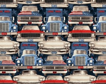 All American Road Trip route 66 voitures et camions marine coton quilting tissu 1/2 YARD