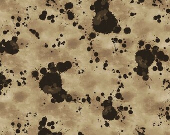 May include: A seamless pattern featuring a brown background with black ink splatters of various sizes.