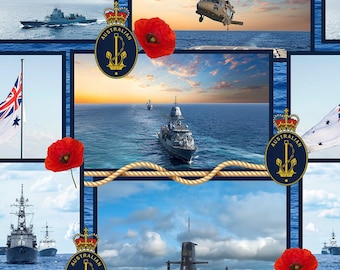 Tela de algodón para patchwork con collage de barcos, submarinos y helicópteros de la Armada de Australia II 4167C (1/2 yarda)