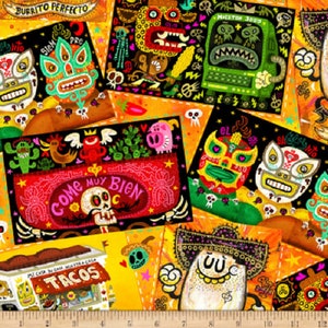 May include: A colorful illustration featuring a variety of Mexican-themed designs, including a burrito, tacos, luchador masks, and a skull. The background is a bright yellow with red, green, and blue accents.