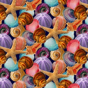 Reef Life Seashells Packed 5750 77 Cotton Quilting Fabric 1/2 YARD