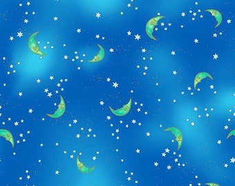Celestial Magic Moons Blue Gold Metallic Cotton Quilting Fabric 1/2 YARD