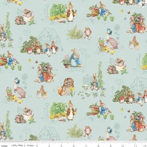 May include: A light blue fabric with a repeating pattern of illustrations from a children's story. The design includes rabbits, ducks, hedgehogs, and other animals in a garden setting, with butterflies and flowers. The fabric is 30.48 cm wide.
