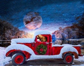 Christmas Red Truck with Santa Sleigh In Sky Cotton Quilting Fabric Panel