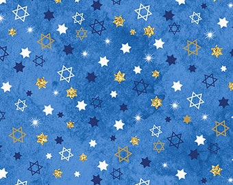 Stonehenge Happy Hanukkah Stars Bleu clair 24778M-44 Coton Tissu matelassé 1/2 YARD