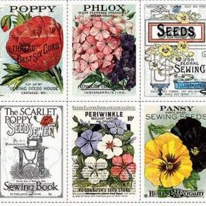 Puede incluir: Una colección de ilustraciones de paquetes de semillas vintage con varias flores como amapolas, pensamientos y vincas. Los paquetes muestran dibujos botánicos detallados y texto, incluyendo "Household Sewing Seeds" y "Sewing Seed Catalog".