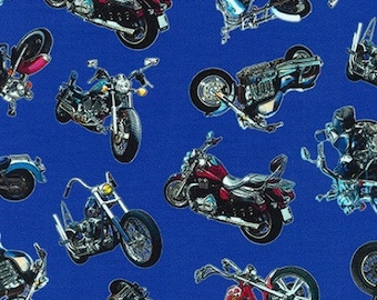 On The Road Motorräder Motorräder Königsblau Baumwoll Quilting Stoff 1/2 YARD