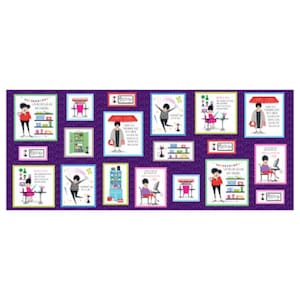 Op de afbeelding: Een paarse stof met een herhalend patroon van kleurrijke illustraties van een vrouw in verschillende poses. De vrouw draagt een zwarte jurk en heeft kort zwart haar. De illustraties bevatten tekst zoals "Het leven is te kort om iets anders te zijn dan gelukkig" en "Vandaag is een goede dag om fantastisch te zijn".