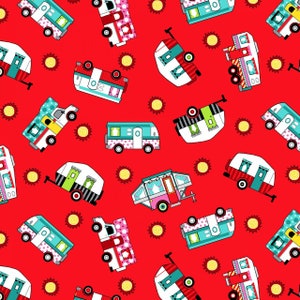 Roamin&#39; Holiday Caravans Campers Toss Red Cotton Quilting Fabric 1/2 YARD
