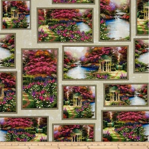 May include: A repeating pattern of colorful floral gardens with gazebos and streams. The design features a variety of flowers, trees, and water features, all framed in a square.