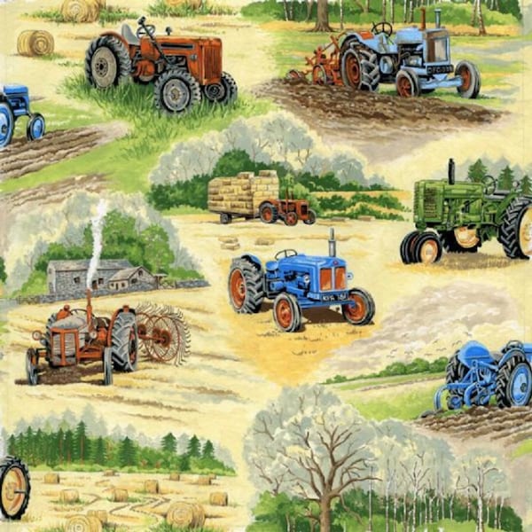 Old Farm Tractors Hay Bales Trees Country Scenes Cotton Quilting Fabric 1/2 YARD