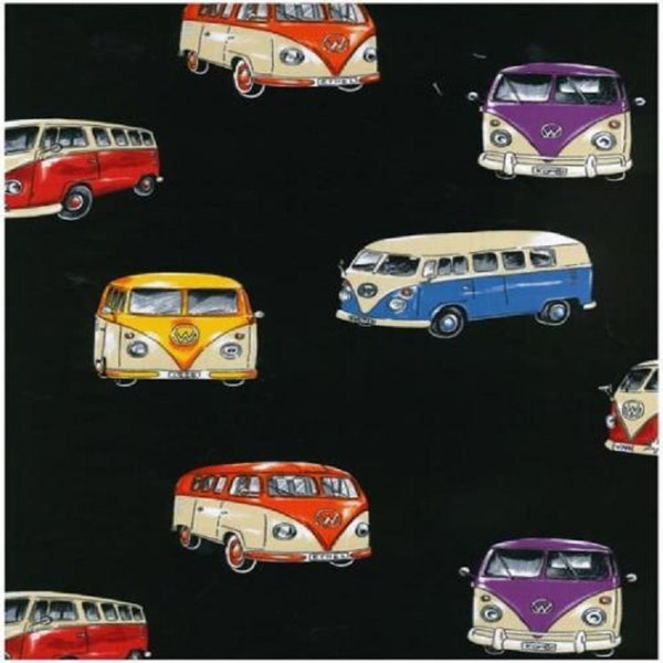 VW Kombi Van Black Background Cotton Quilting Fabric 1/2 YARD